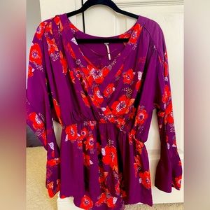 Free People Tunic Top Purple Floral Long Sleeve Surplice Viscose -XS